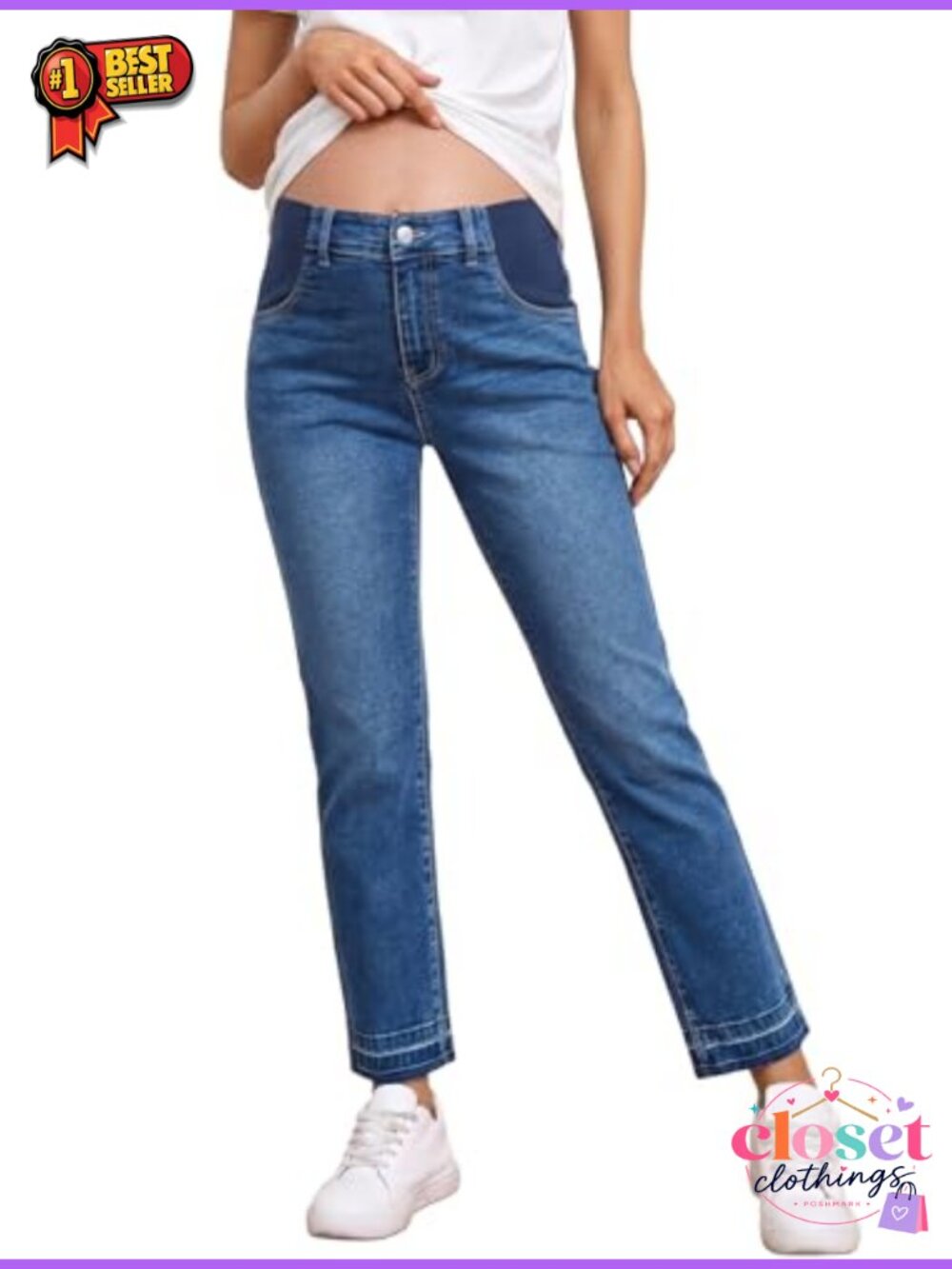 Women's Maternity High Waisted Straight Leg Ankle Jeans Stretch Pull On